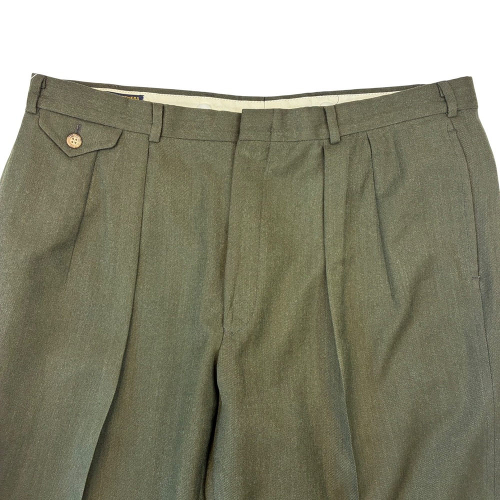 Brooks Brothers Dress Pants Mens 38x29 Olive Green Pure Wool Pleated Made in USA